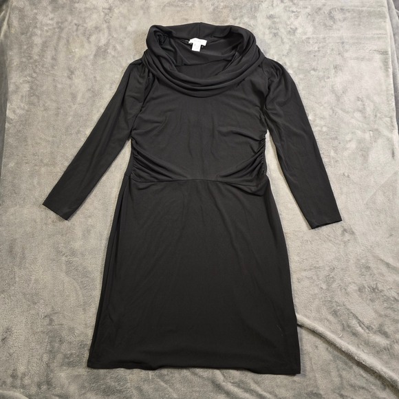 Calvin Klein Dresses & Skirts - Chic Black Cowl Neck Midi Dress Small Ruched Draped Bodycon Cocktail Party Gala